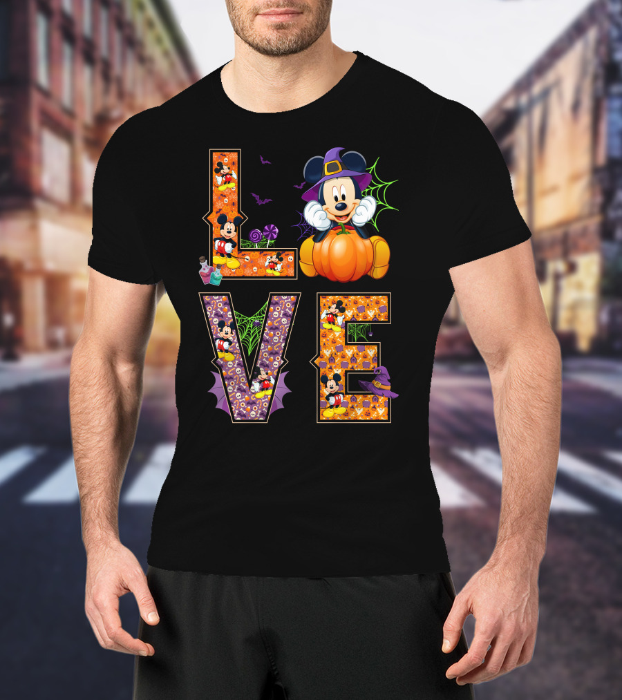 Mickey Love Halloween Pumpkin Witch Hat Spooky Theme T-Shirt