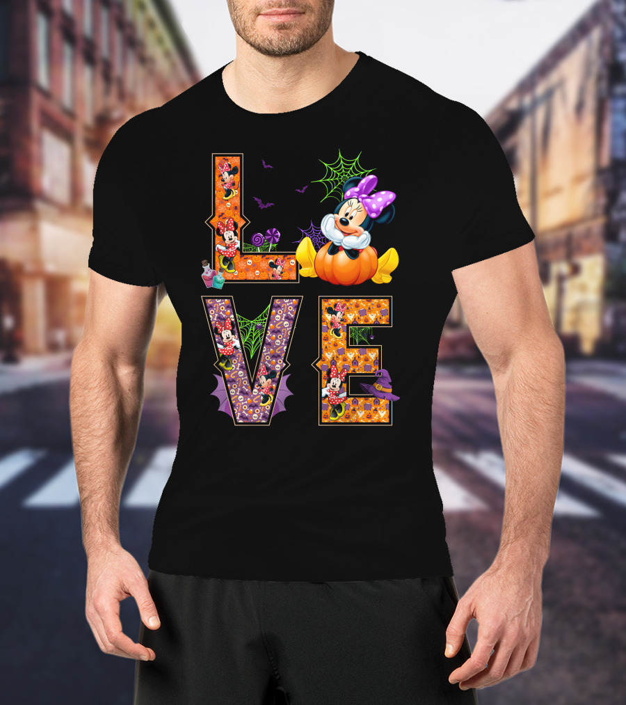 Love Minnie Halloween Pumpkin Bats Spiderwebs Bow T-Shirt