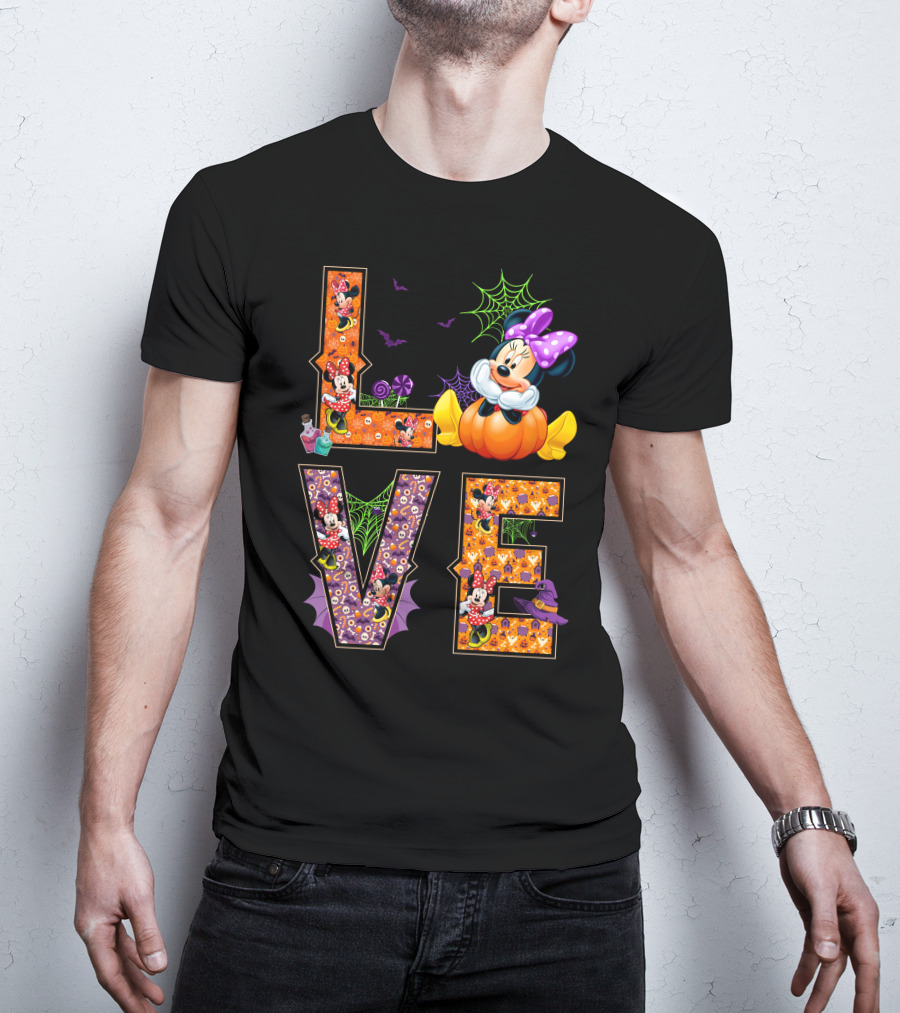 Love Minnie Halloween Pumpkin Bats Spiderwebs Bow T-Shirt