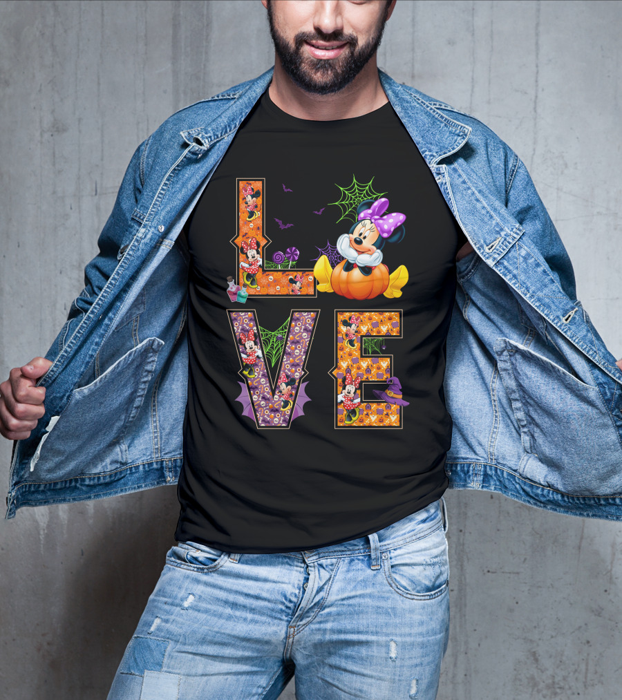 Love Minnie Halloween Pumpkin Bats Spiderwebs Bow T-Shirt
