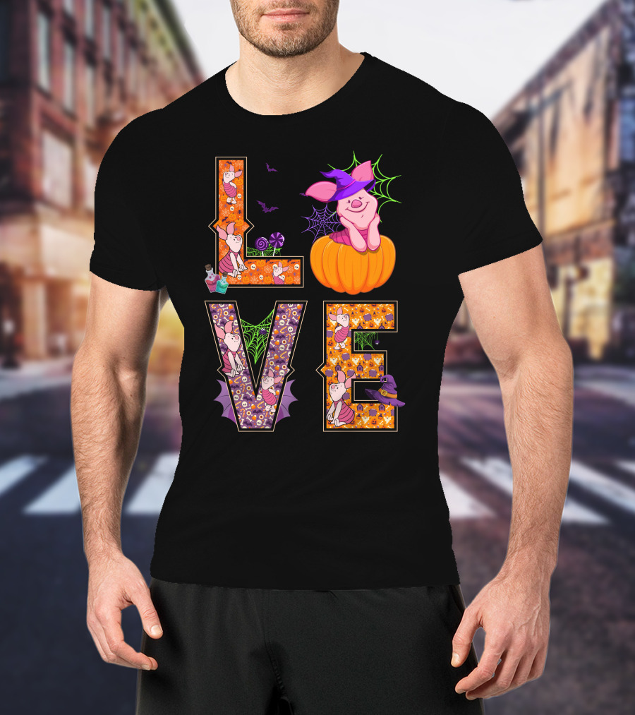 Love Piglet Halloween Pumpkin Bat Spiderwebs T-Shirt