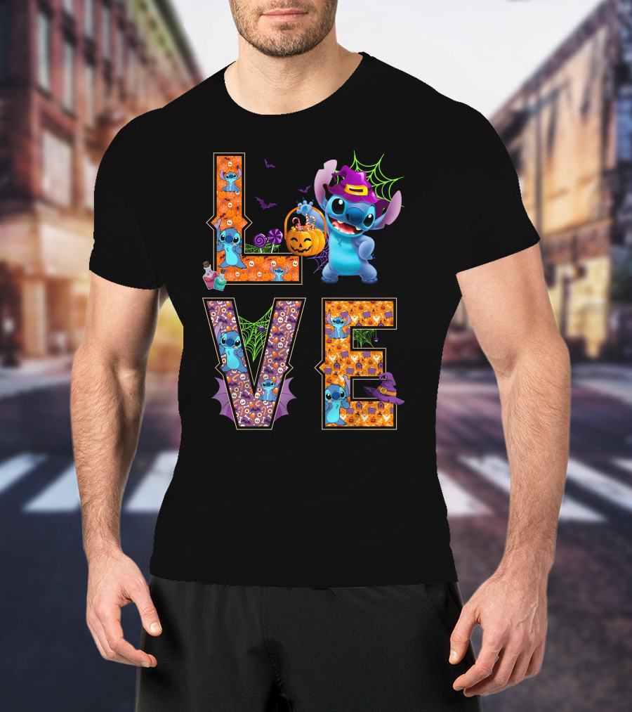 Stitch Halloween Love With Witch Hat And Pumpkin T-Shirt