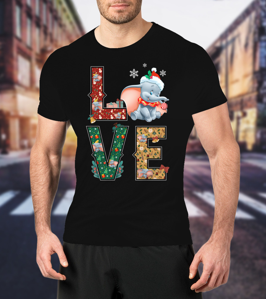 Love Dumbo Christmas Holiday Snowflakes Santa Hat Candy Cane T-Shirt
