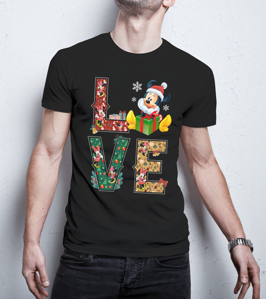 Minnie Christmas Love Santa Hat Holiday Gifts Snowflakes T-Shirt