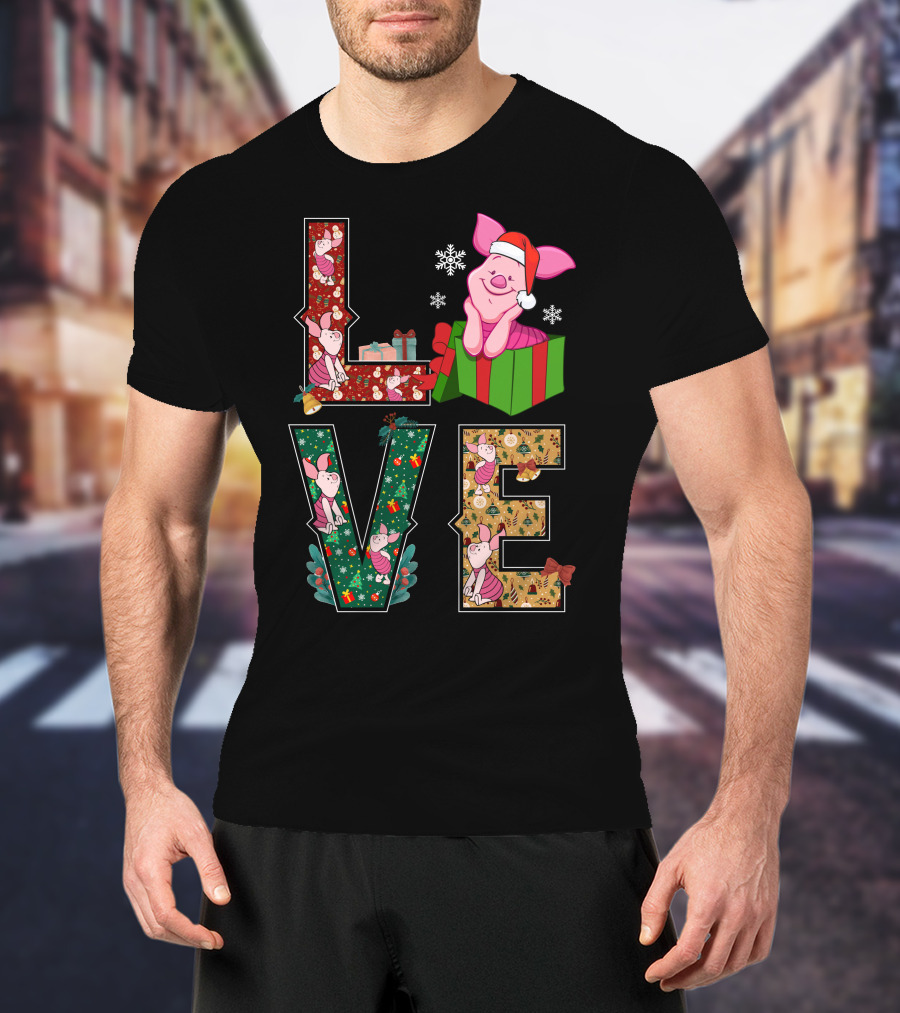 Piglet Christmas Love Santa Hat Gift Box Snowflakes T-Shirt