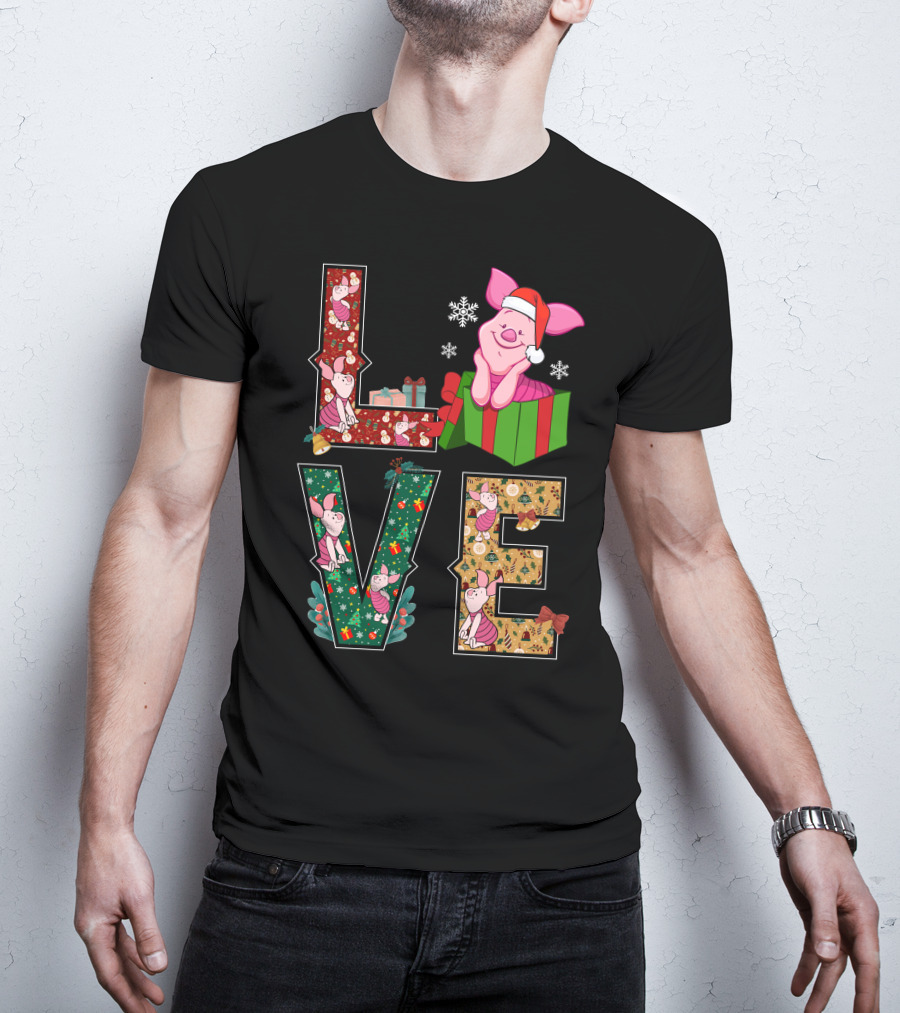 Piglet Christmas Love Santa Hat Gift Box Snowflakes T-Shirt