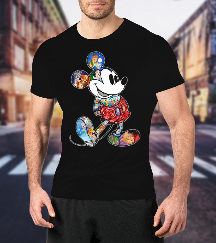 Mickey Mouse Collage Featuring Classic Disney Characters T-Shirt