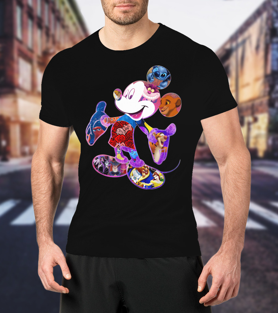 Mickey Mouse Collage Featuring Disney Characters From Lilo & Stitch The Lion King Finding Nemo Winnie The Pooh The Little Mermaid Beauty And The Beast T-Shirt