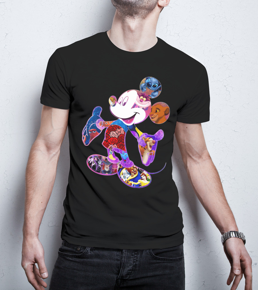 Mickey Mouse Collage Featuring Disney Characters From Lilo & Stitch The Lion King Finding Nemo Winnie The Pooh The Little Mermaid Beauty And The Beast T-Shirt