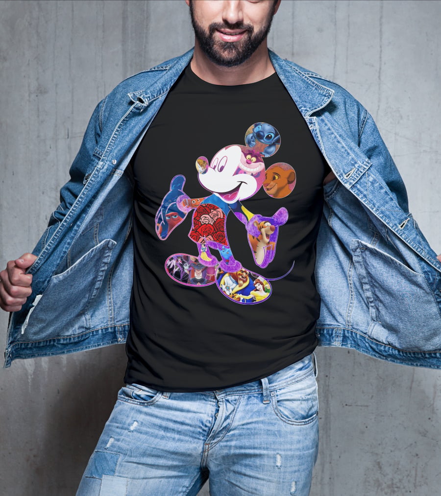Mickey Mouse Collage Featuring Disney Characters From Lilo & Stitch The Lion King Finding Nemo Winnie The Pooh The Little Mermaid Beauty And The Beast T-Shirt
