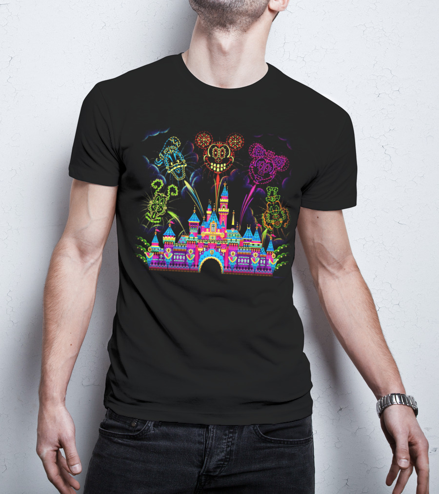 Disney Neon Fireworks Castle Mickey Minnie Goofy T-Shirt