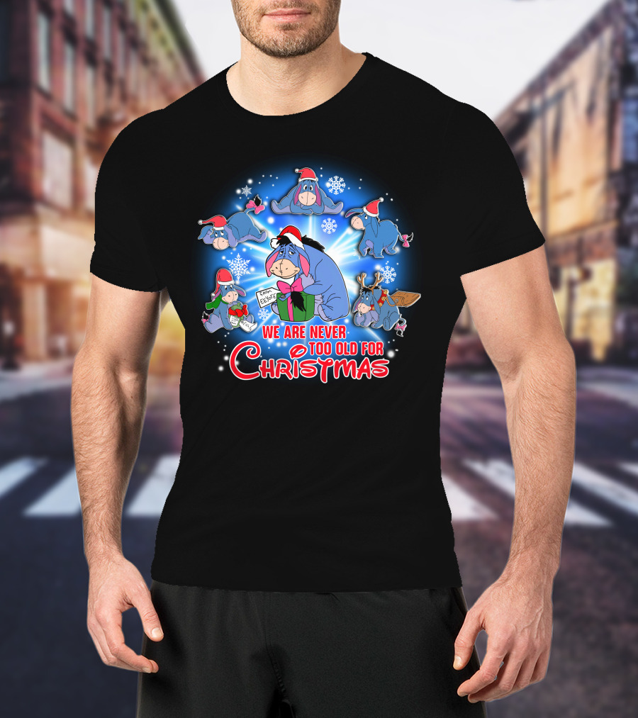 We Are Never Too Old For Christmas Eeyore Santa Hat Snowflakes T-Shirt