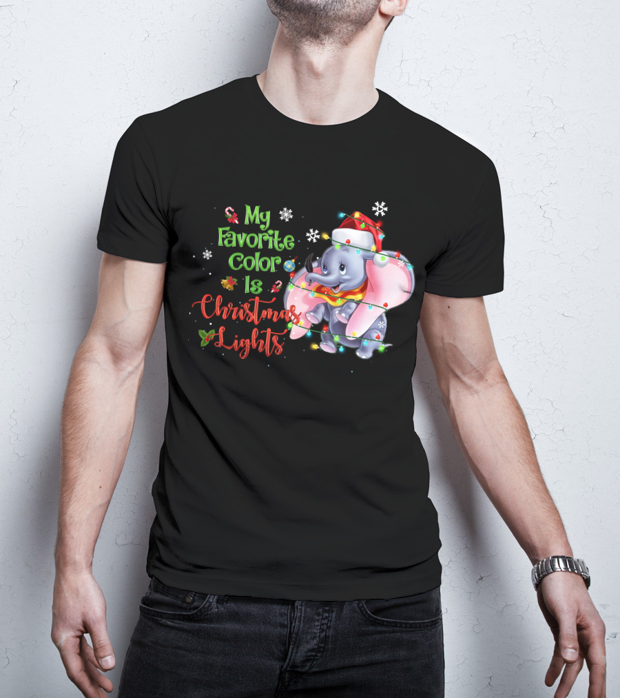 My Favorite Color Is Christmas Lights Dumbo Elephant Santa Hat Snowflakes Garland T-Shirt