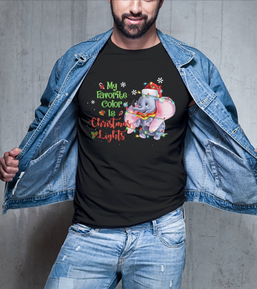 My Favorite Color Is Christmas Lights Dumbo Elephant Santa Hat Snowflakes Garland T-Shirt