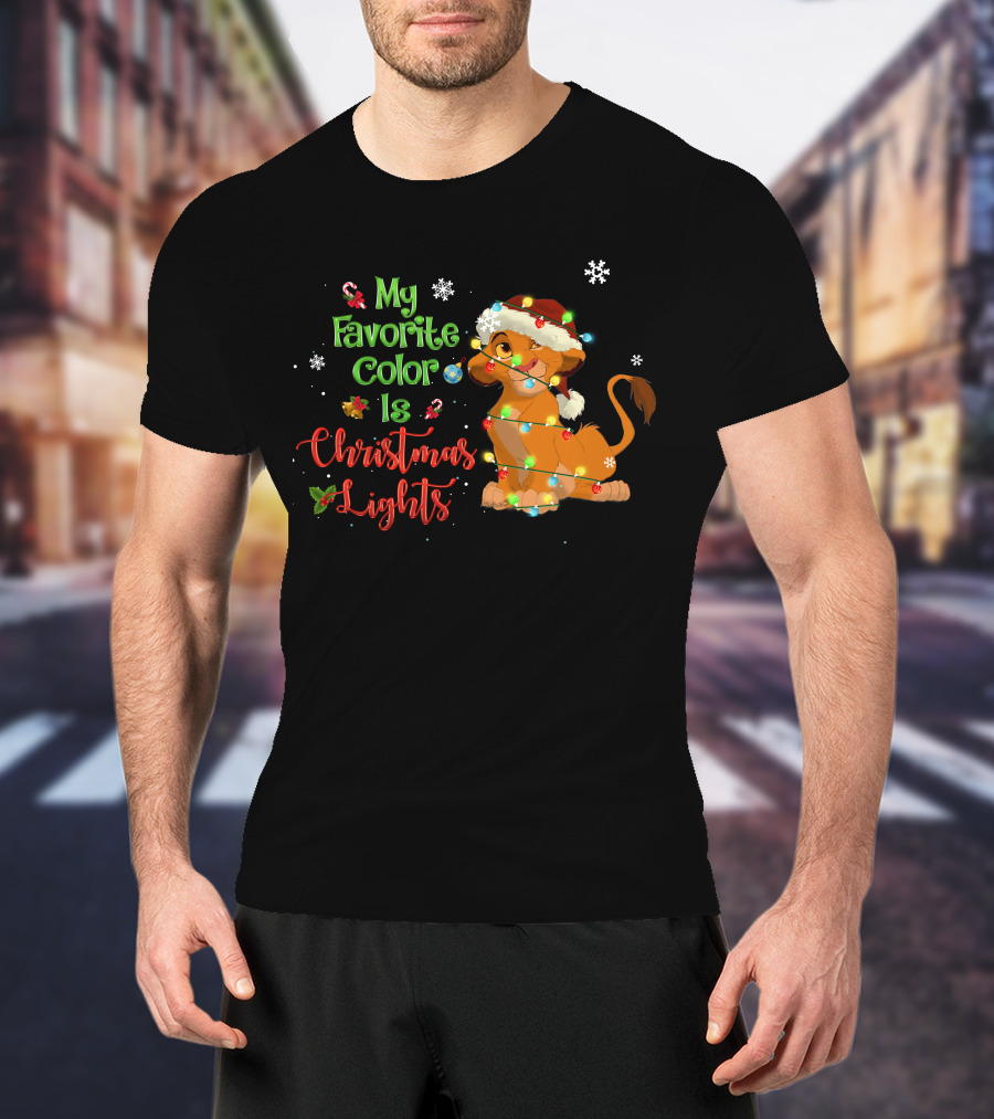 My Favorite Color Is Christmas Lights Simba Santa Hat Snowflakes T-Shirt