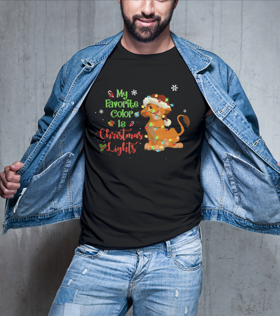 My Favorite Color Is Christmas Lights Simba Santa Hat Snowflakes T-Shirt
