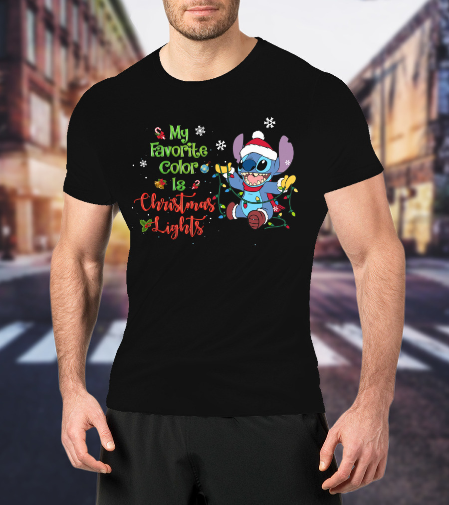My Favorite Color Is Christmas Lights Stitch Holiday Lights Snowflakes Santa Hat T-Shirt