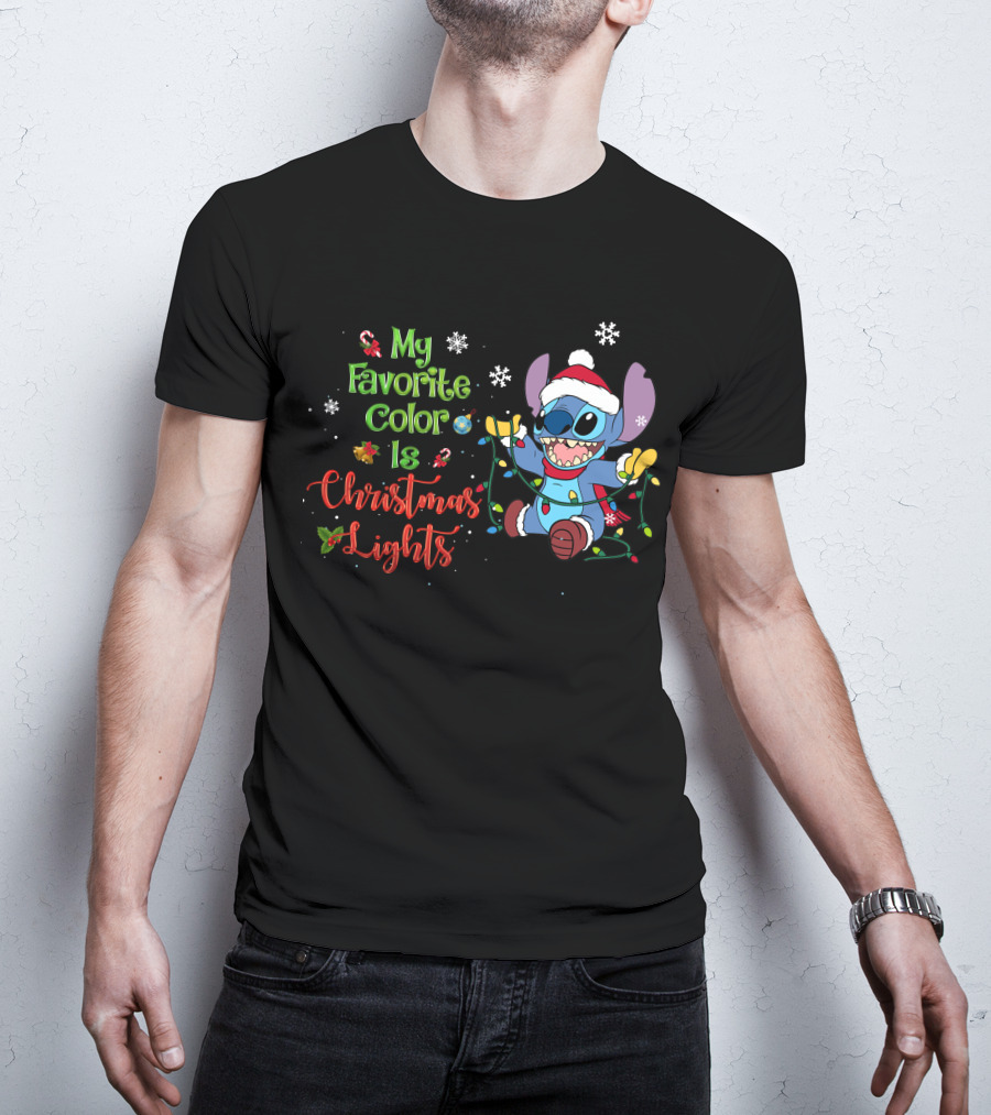 My Favorite Color Is Christmas Lights Stitch Holiday Lights Snowflakes Santa Hat T-Shirt