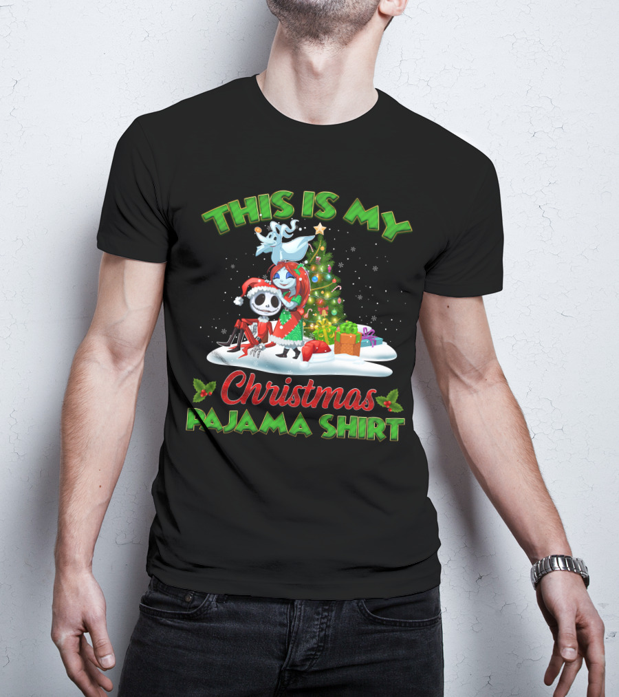 This Is My Christmas Pajama Shirt Jack Skellington And Sally Holiday Tree Scene T-Shirt