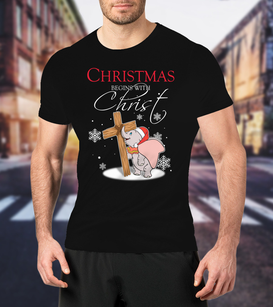 Christmas Begins With Christ Dumbo Santa Hat Cross Snowflakes T-Shirt