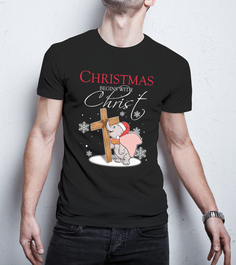 Christmas Begins With Christ Dumbo Santa Hat Cross Snowflakes T-Shirt