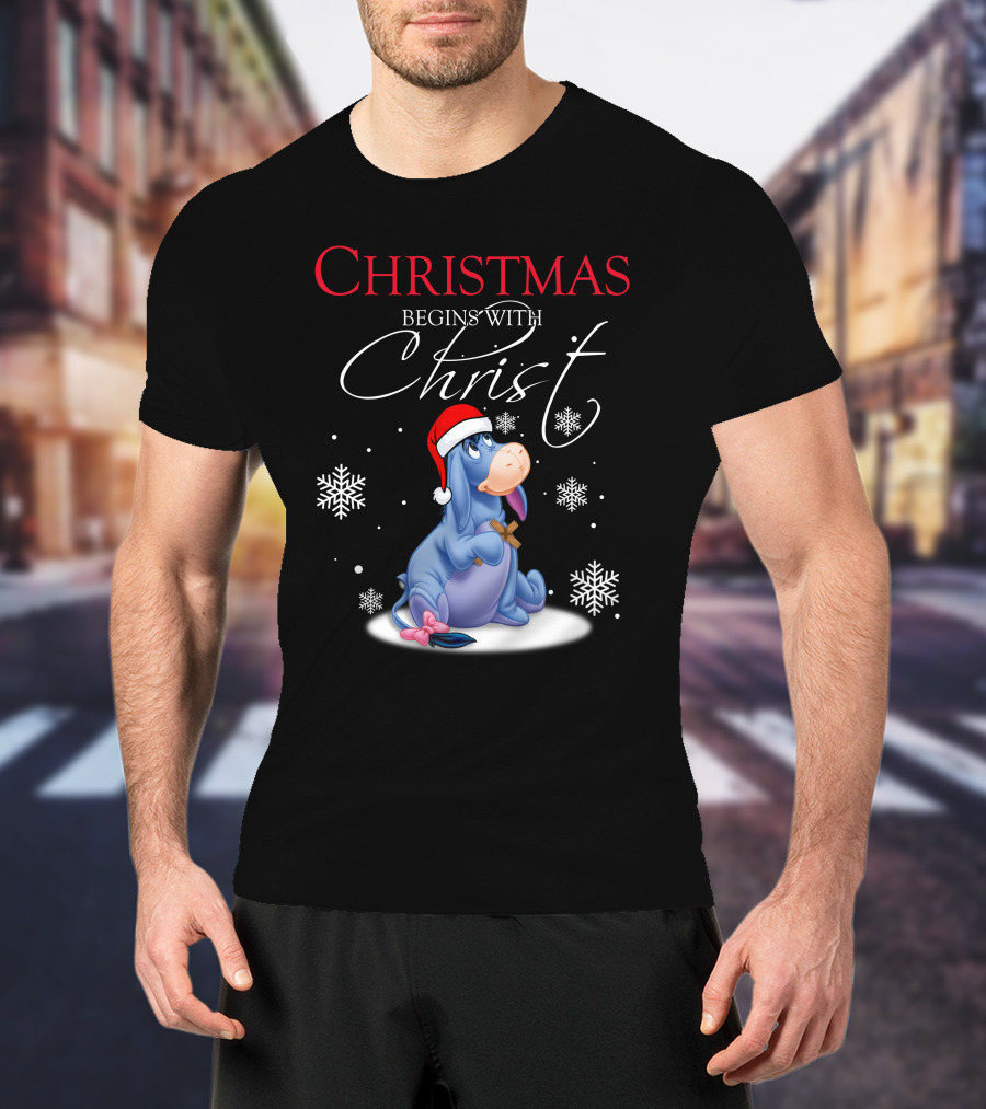 Christmas Begins With Christ Eeyore Santa Hat Snowflakes T-Shirt