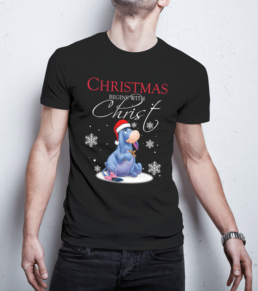 Christmas Begins With Christ Eeyore Santa Hat Snowflakes T-Shirt