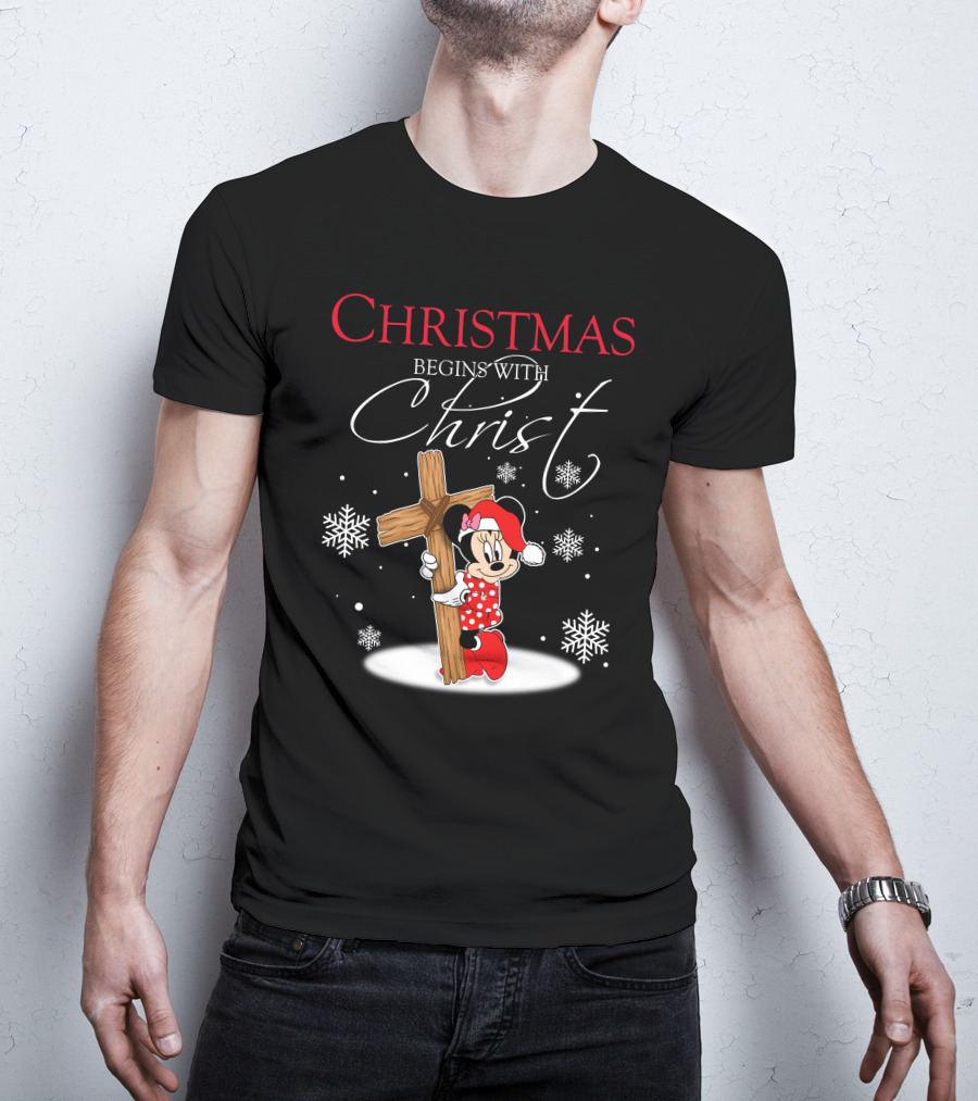 Christmas Begins With Christ Minnie Santa Hat Snowflakes T-Shirt