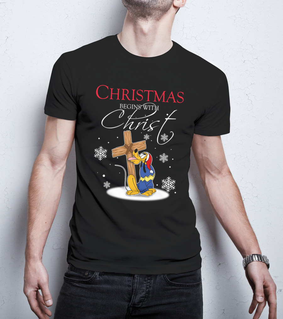 Christmas Begins With Christ Pluto Snowflakes Cross T-Shirt