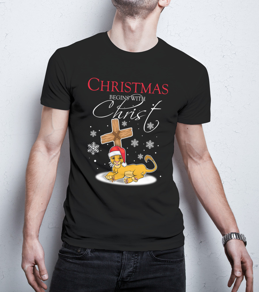 Christmas Begins With Christ Simba Snowflakes Santa Hat T-Shirt