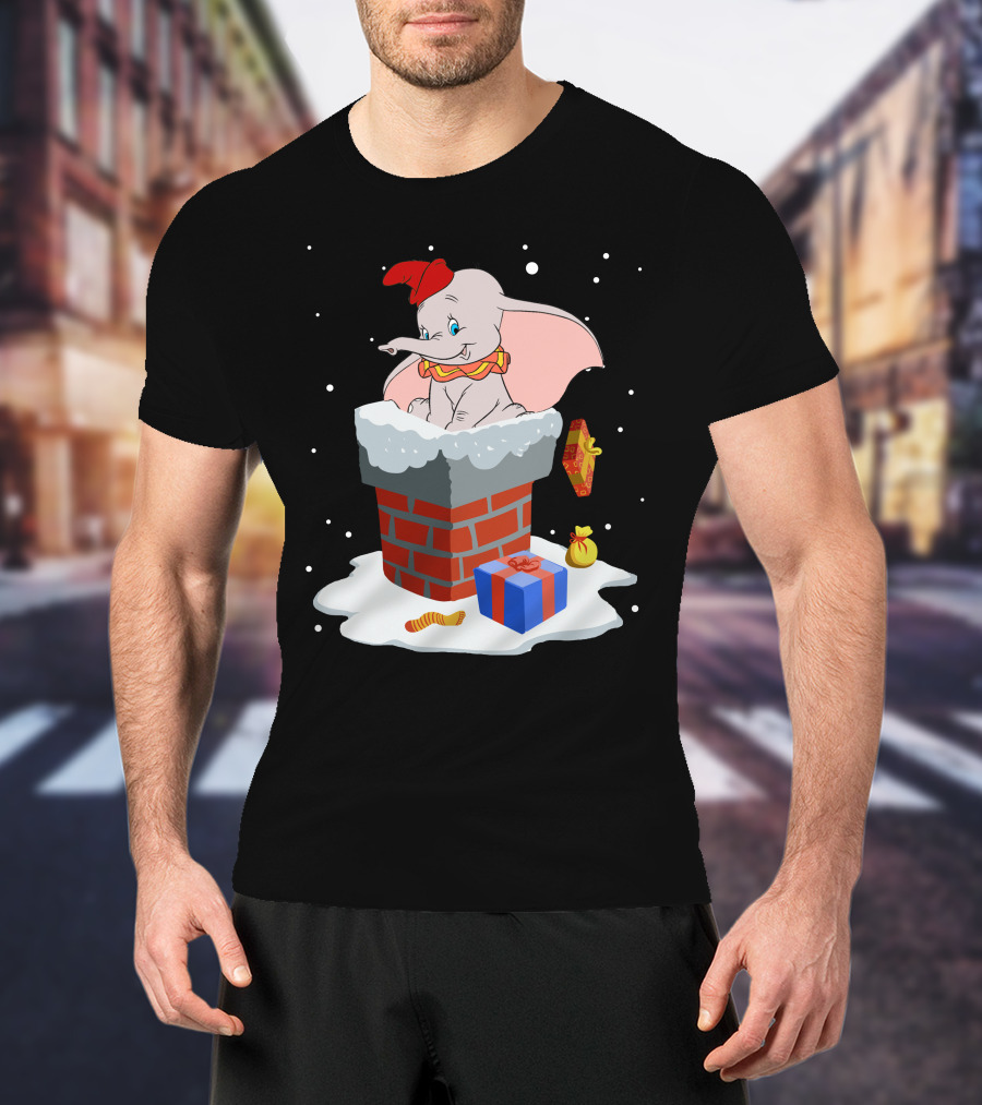 Dumbo Christmas Chimney Scene With Gifts And Snowflakes T-Shirt