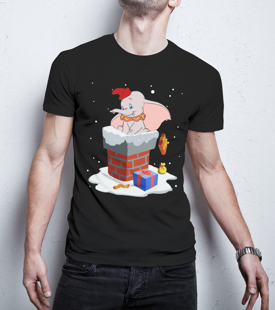 Dumbo Christmas Chimney Scene With Gifts And Snowflakes T-Shirt