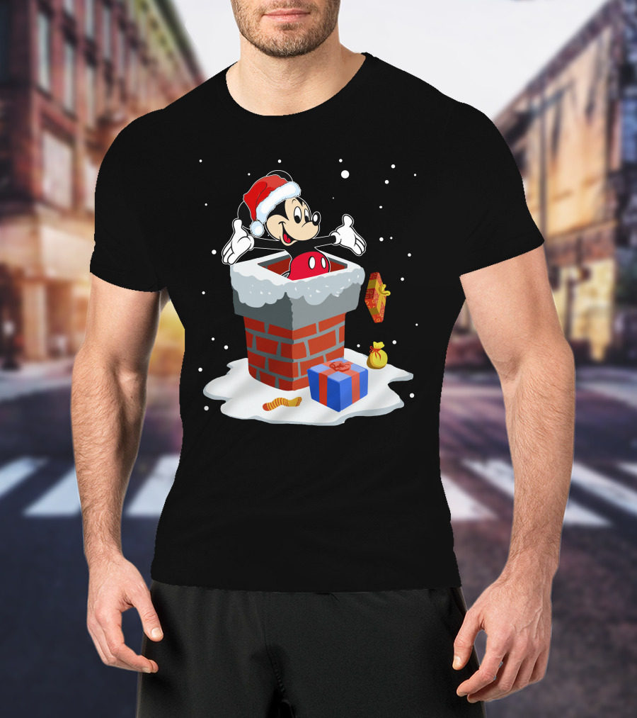 Mickey In Santa Hat Exiting Chimney With Gifts And Snow T-Shirt