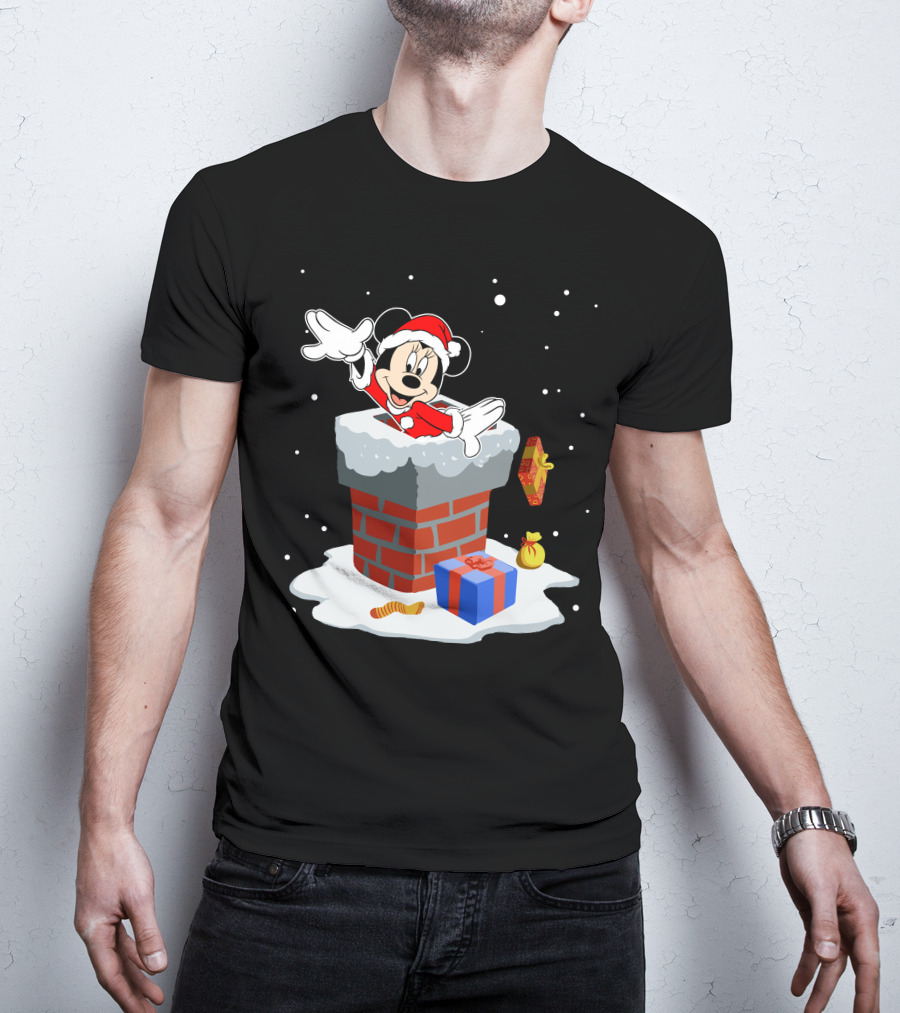 Minnie Mouse Santa In Chimney With Christmas Gifts And Snowflakes T-Shirt