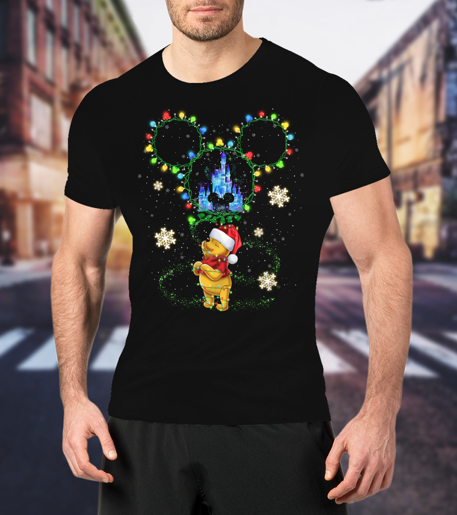 Winnie The Pooh Christmas Lights Castle Mickey Ears Snowflakes T-Shirt