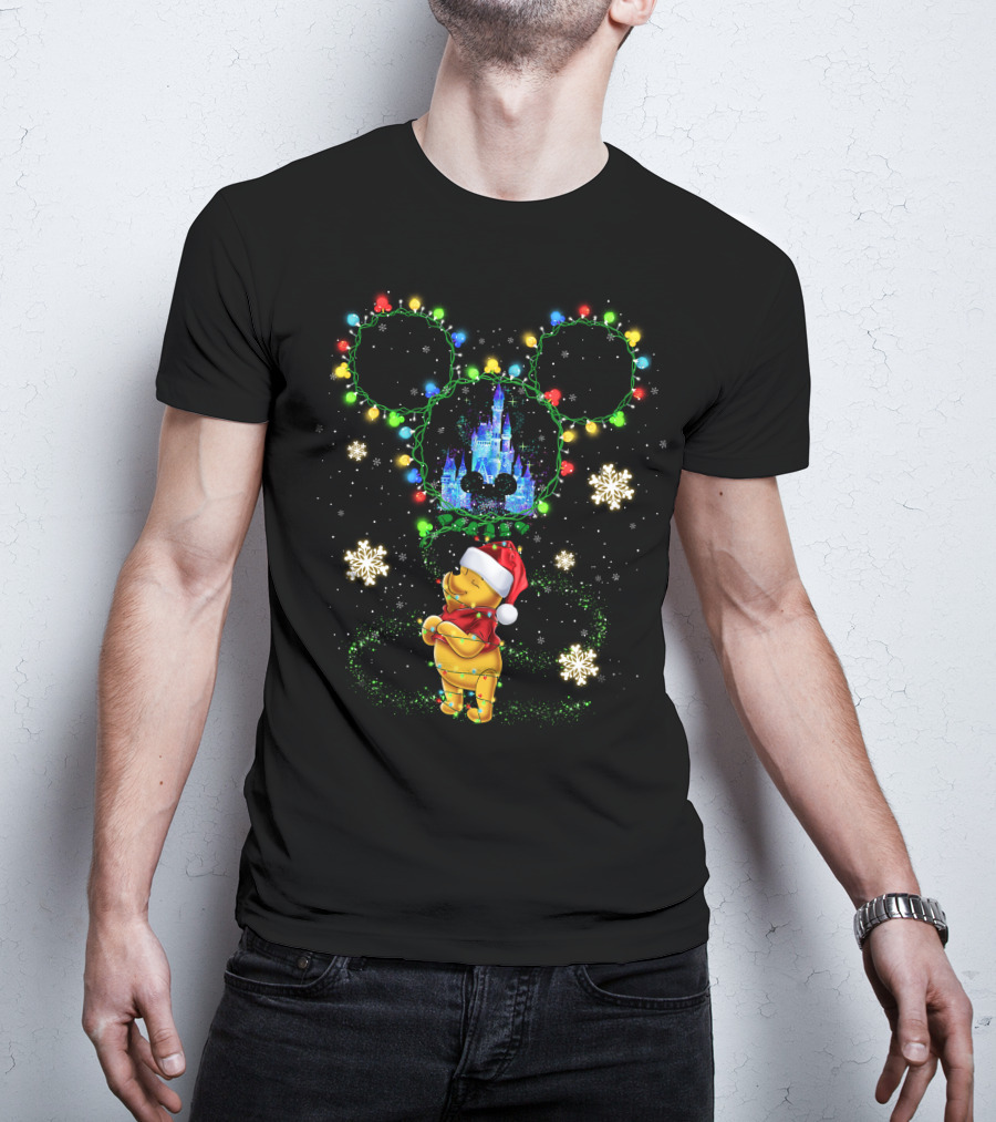 Winnie The Pooh Christmas Lights Castle Mickey Ears Snowflakes T-Shirt