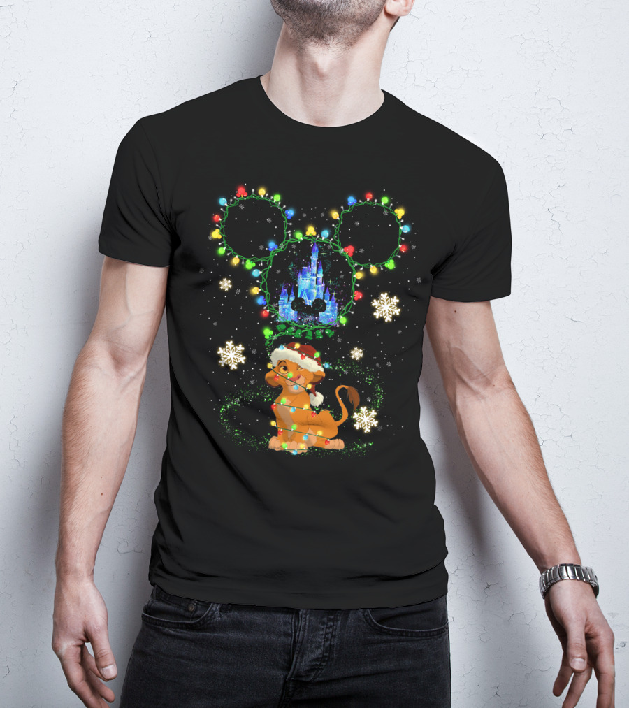 Simba Christmas Disney Castle Mickey Ears Lights Snowflakes T-Shirt
