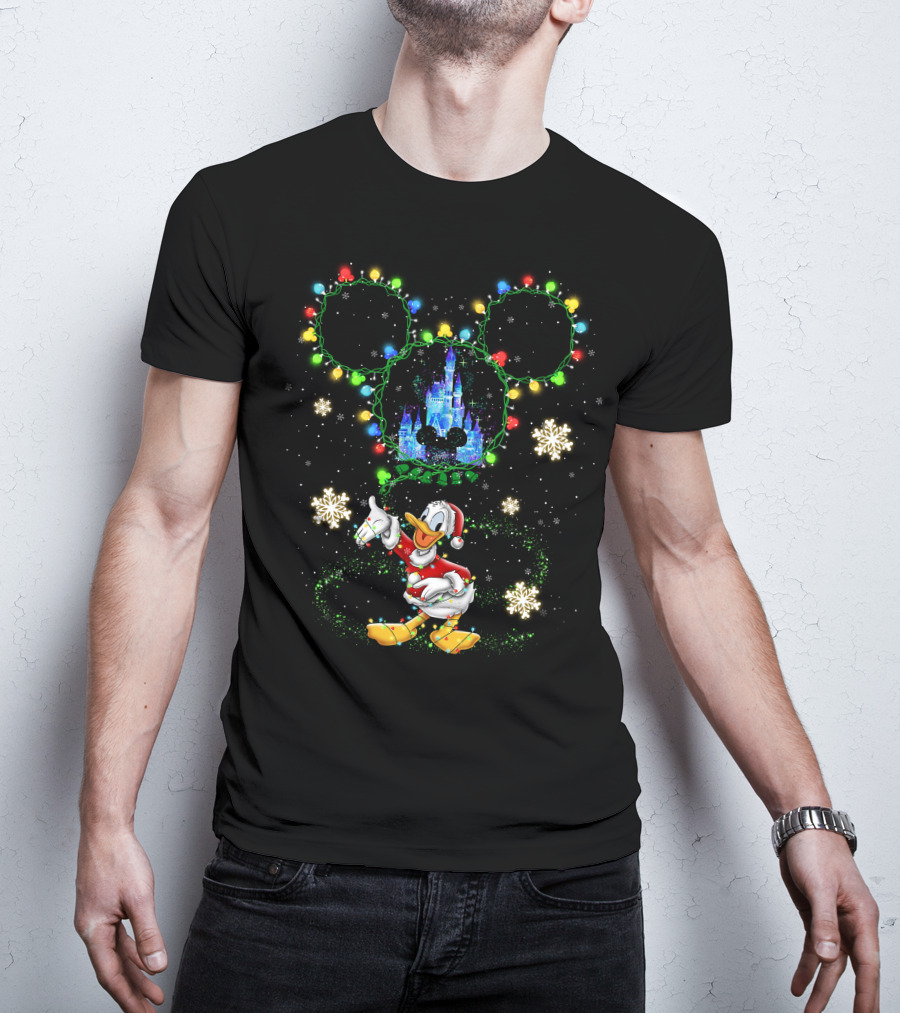 Donald Duck Disney Christmas Castle Snowflakes Lights Mickey Ears T-Shirt