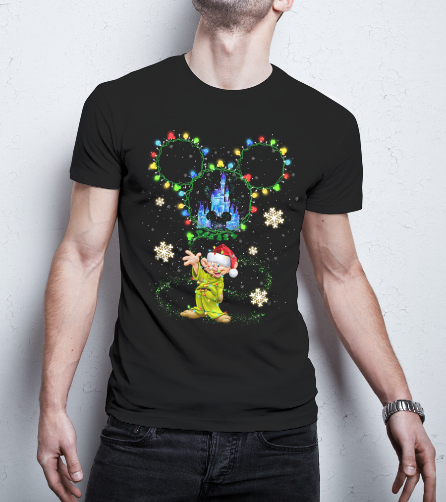 Dopey Christmas Castle Mickey Lights Snowflakes T-Shirt