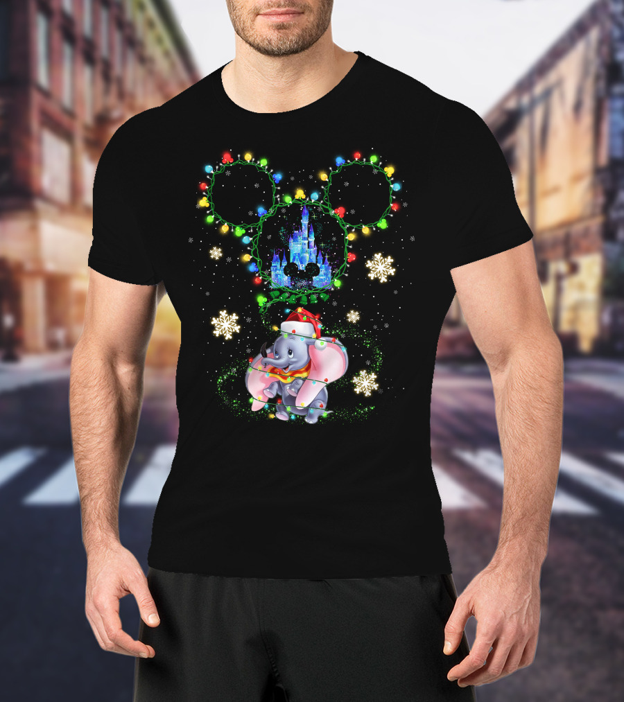 Christmas Dumbo With Castle And Mickey String Lights T-Shirt