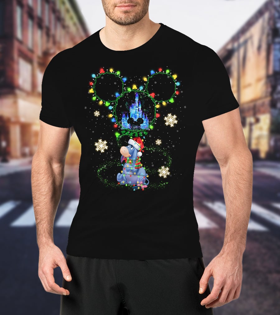 Eeyore Disney Christmas Mickey Lights Castle Snowflakes T-Shirt