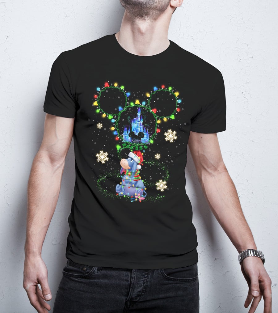 Eeyore Disney Christmas Mickey Lights Castle Snowflakes T-Shirt