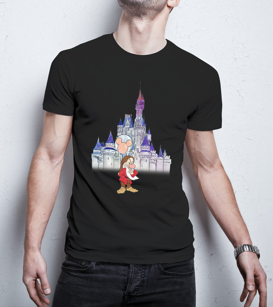 Grumpy Dwarf With Mickey Balloon At Disney Castle T-Shirt