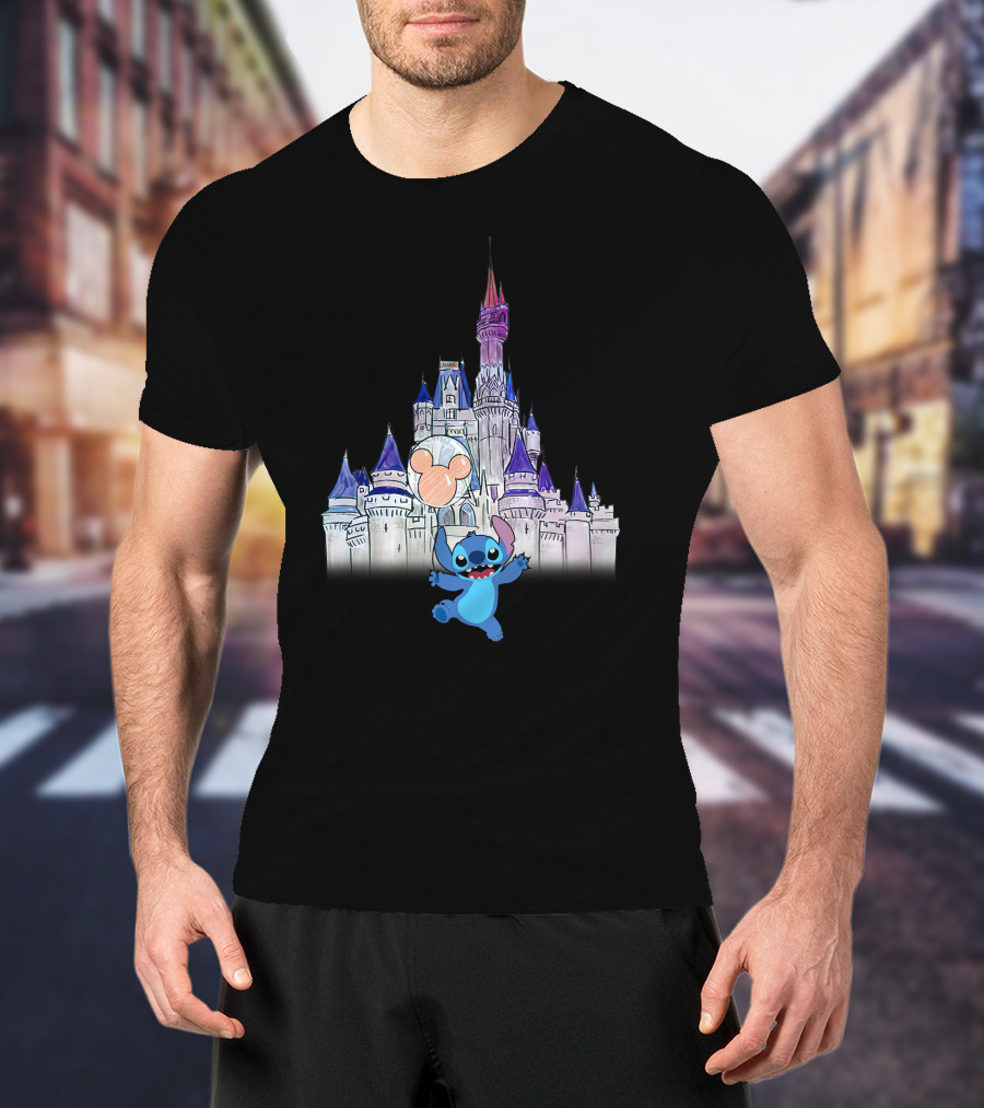 Stitch At Enchanted Disney Castle With Mickey Balloon T-Shirt