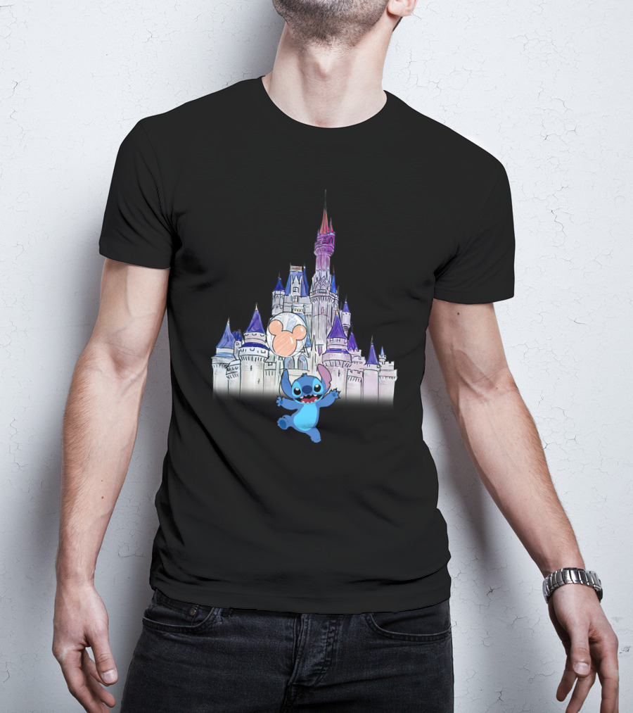 Stitch At Enchanted Disney Castle With Mickey Balloon T-Shirt