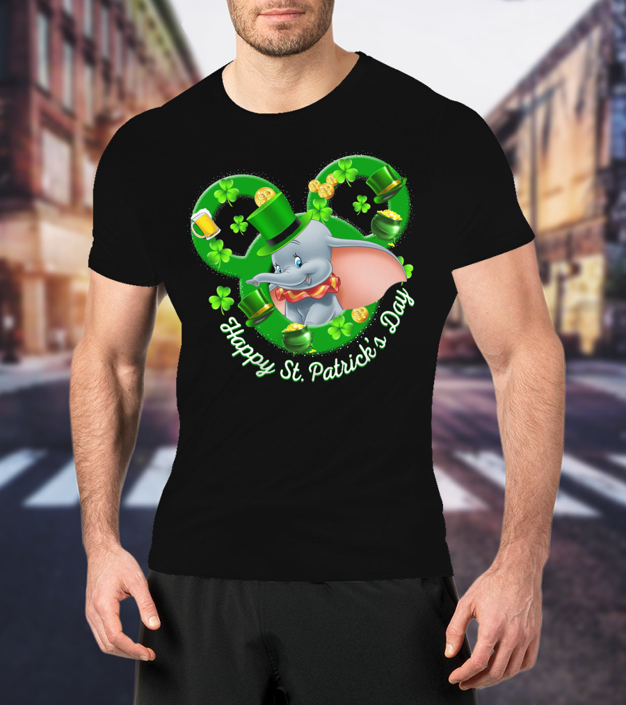 Dumbo Happy St. Patrick's Day With Shamrocks And Leprechaun Hat T-Shirt