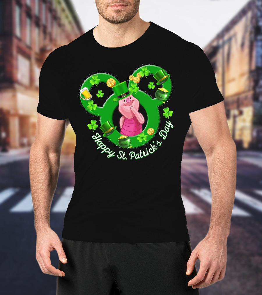 Piglet Happy St. Patrick’s Day Mickey Ears Shamrocks Coins Hat T-Shirt