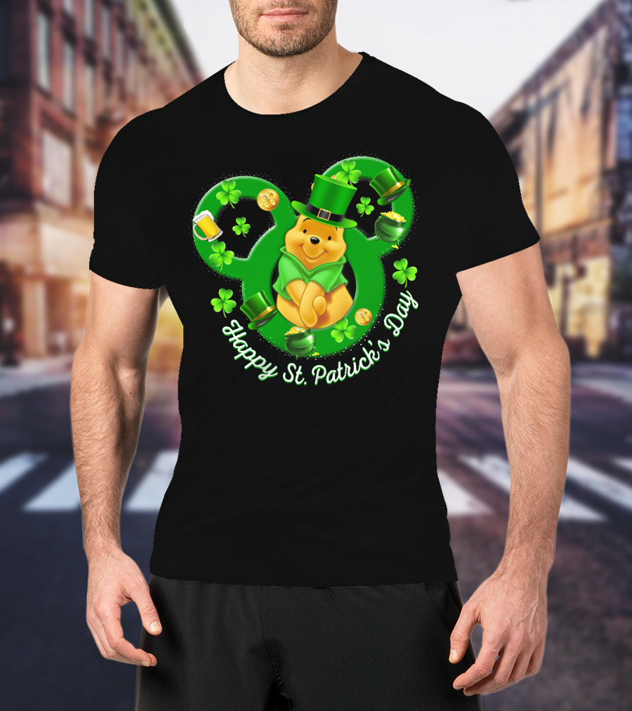 Happy St. Patrick's Day Pooh Bear With Leprechaun Hat And Shamrocks T-Shirt