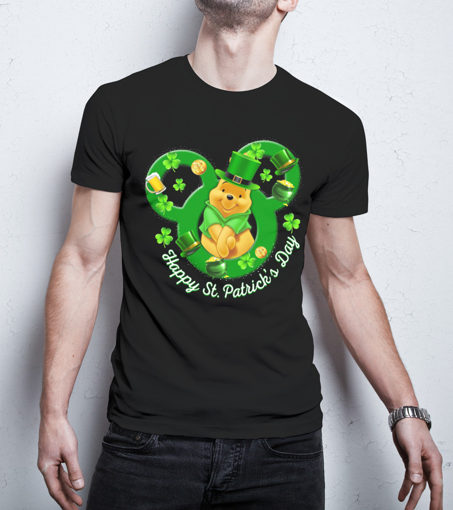 Happy St. Patrick's Day Pooh Bear With Leprechaun Hat And Shamrocks T-Shirt