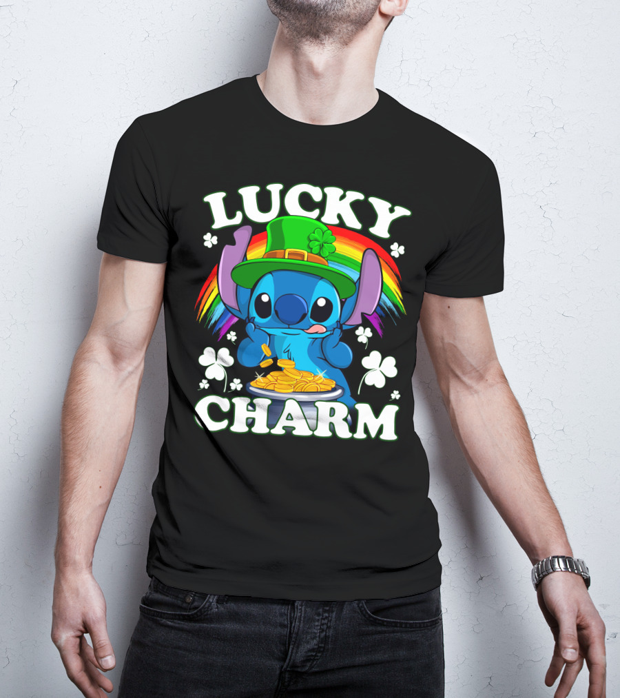 Stitch Lucky Charm Leprechaun Rainbow And Gold Coins T-Shirt